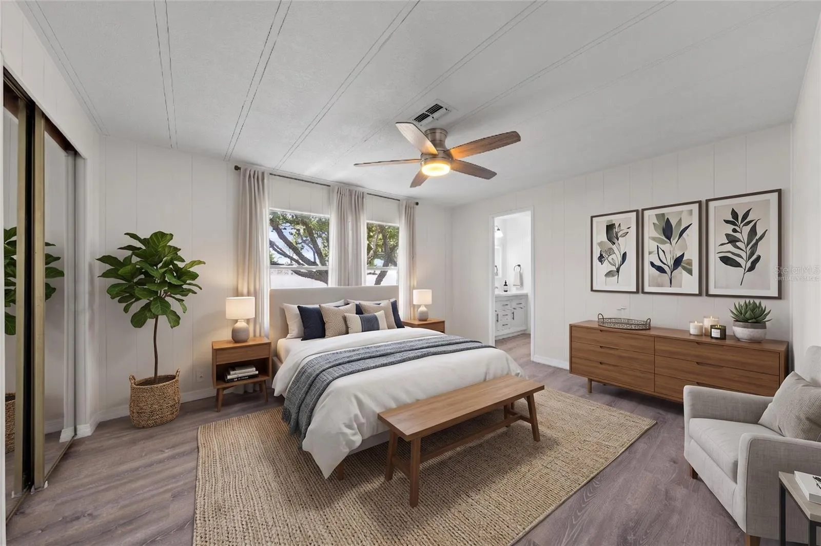 Virtually staged.  Primary bedroom with full bathroom seems just right.