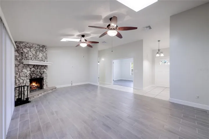 Family Room with woodburning fireplace
