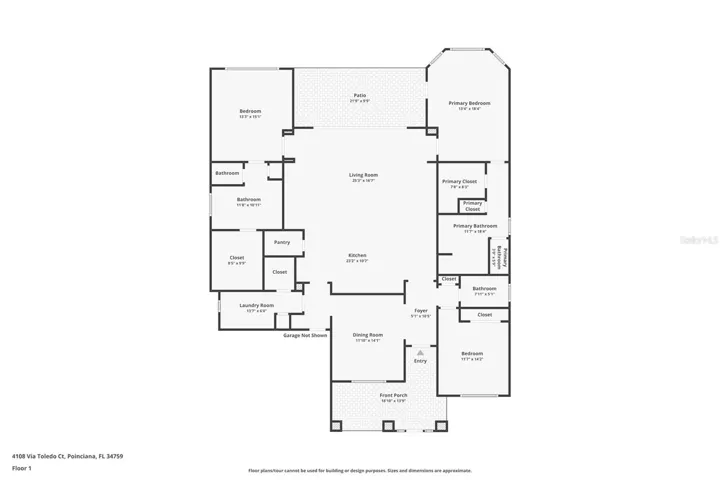 Floor plan of 4108 Via Toledo Ct, Solivita, Poinciana, FL 34759, featuring two primary bedrooms and three baths.