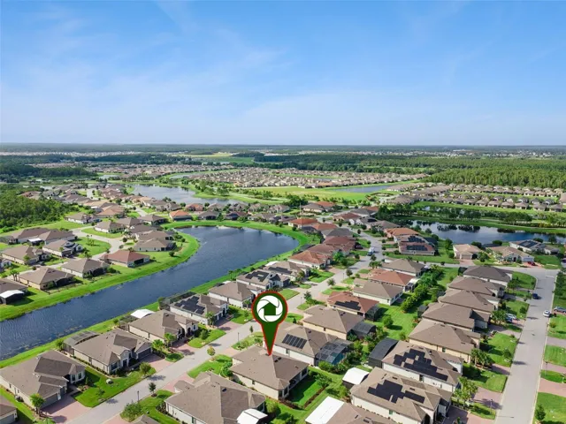 Solivita community aerial. Residents enjoy Stonegate Golf Club with 36 championship holes, resort style pools, and pickleball.