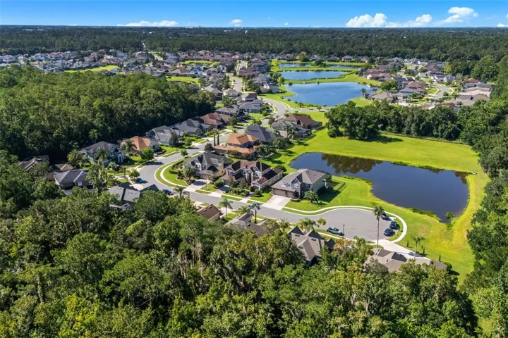 Aerial view of the home and community.