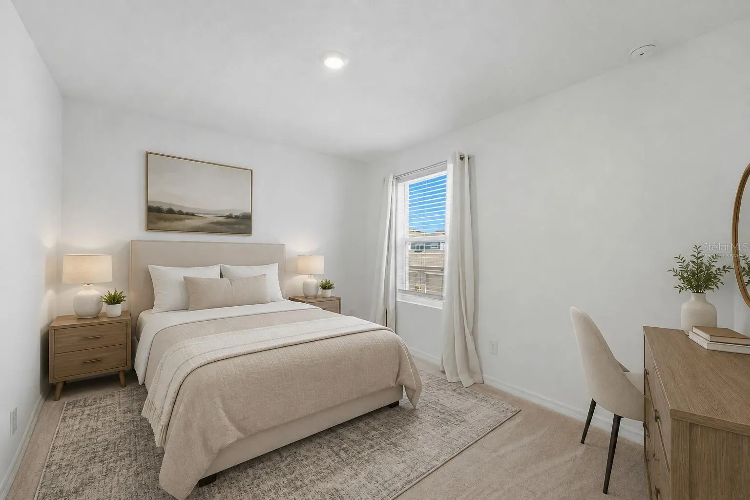 Virtually staged second bedroom illustrating a potential furniture layout