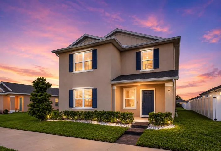 Twilight front exterior view