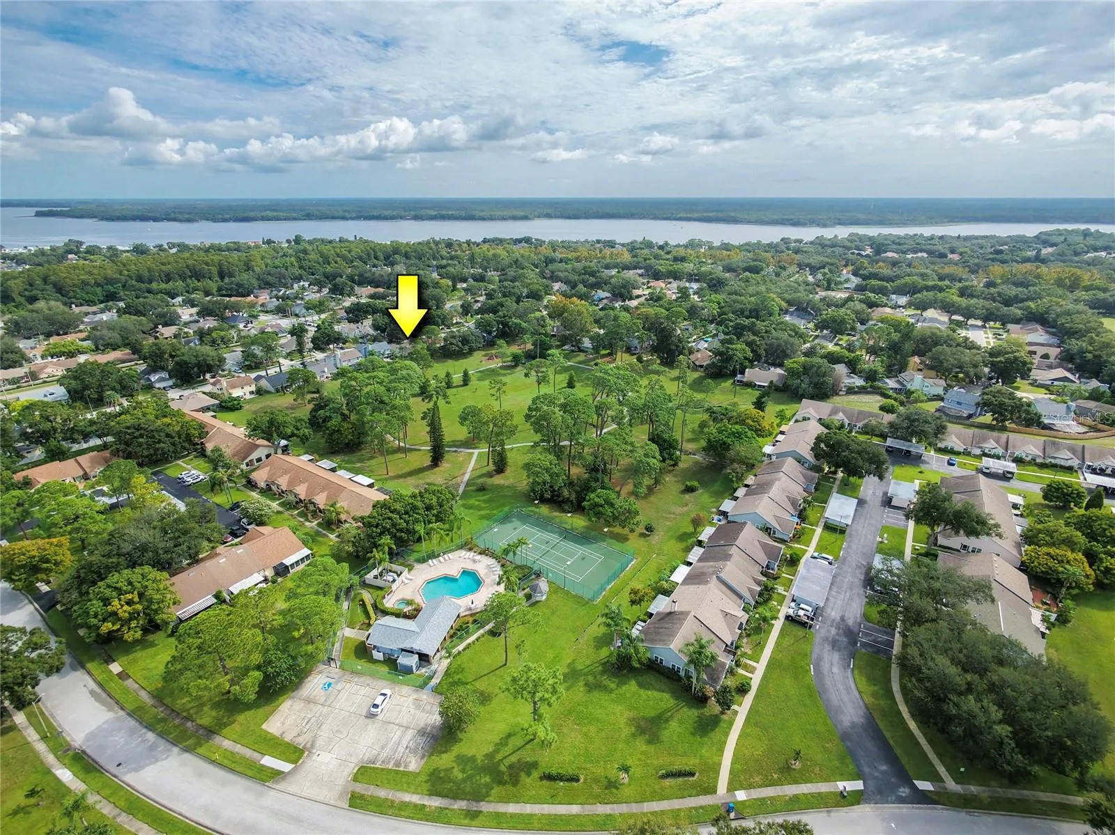 Hamlet at Bently Park, Lake Tarpon in the background, you can see the comunity pool, walking trails, tennis/pickleball courts available only to the residents of Bentley Park