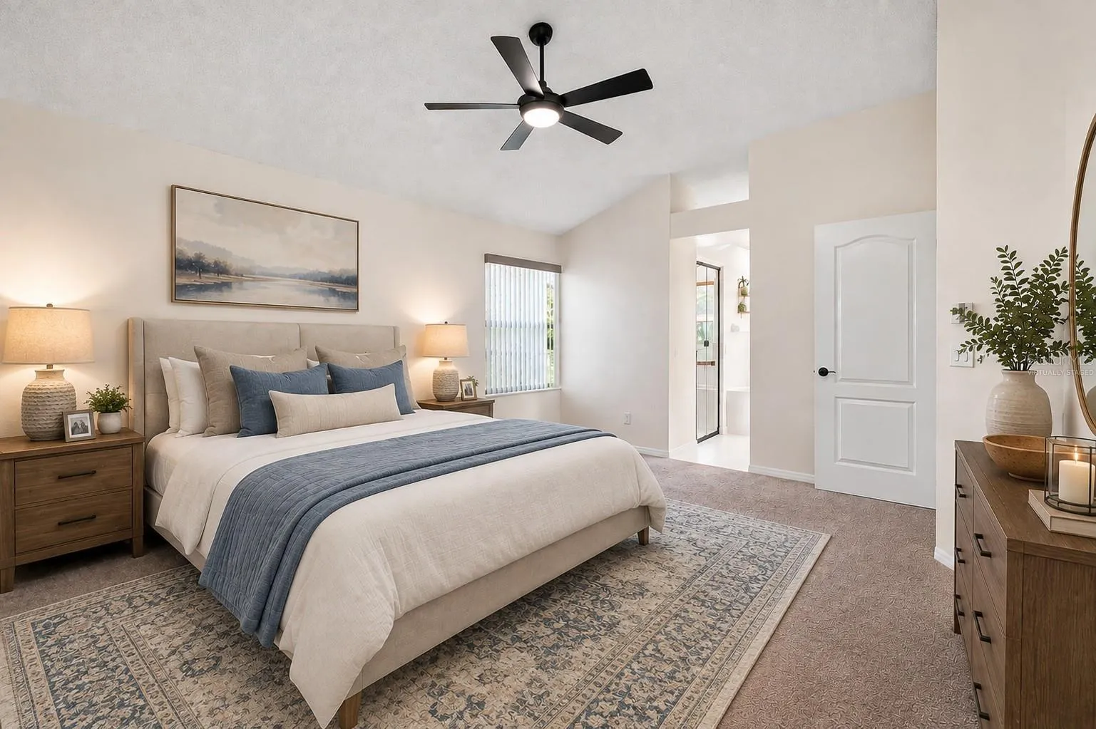 Virtually staged primary bedroom