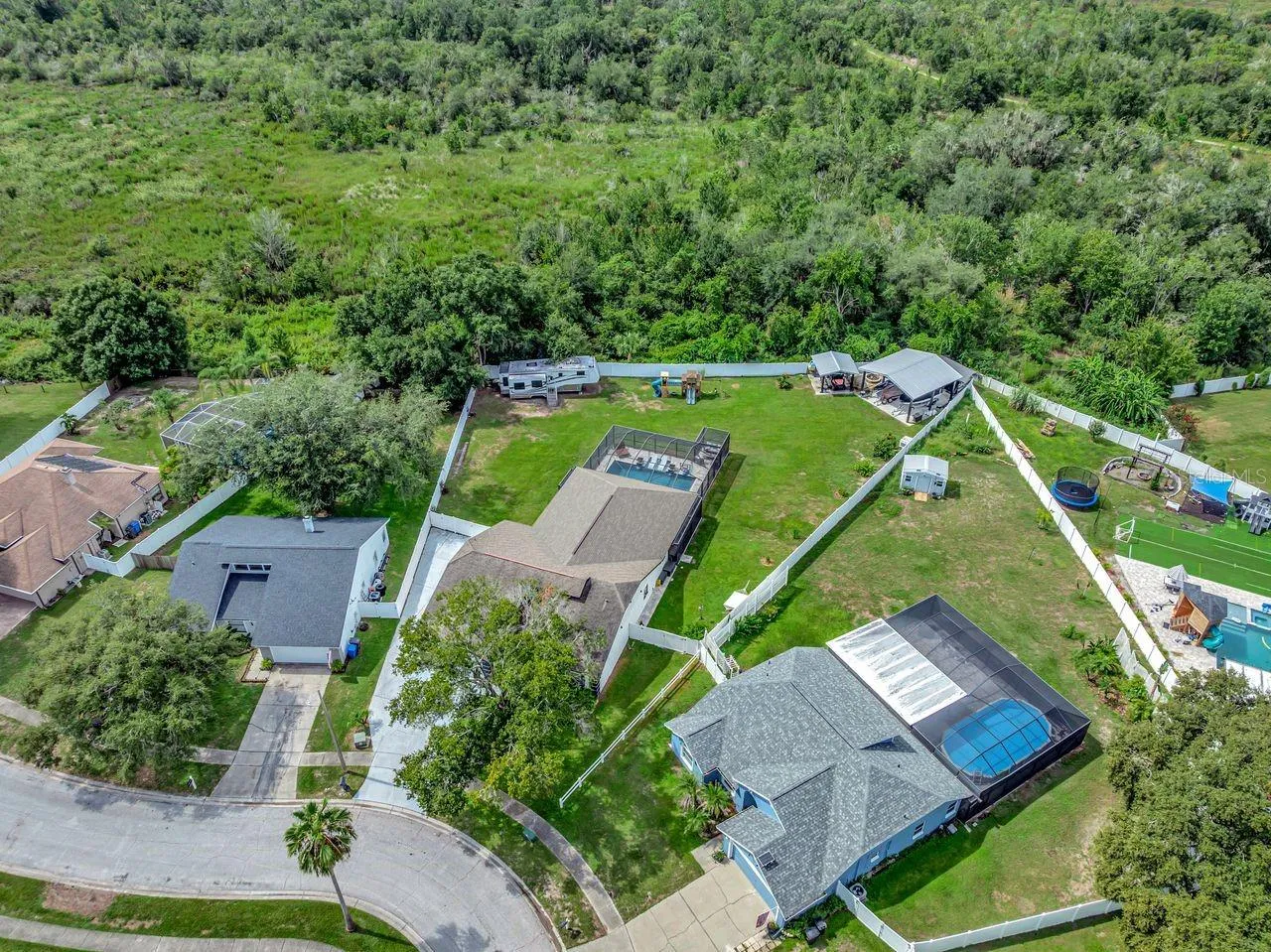 Aerial View of Pool Home, Fully Fenced, No Rear Neighbor, NO CDD.
