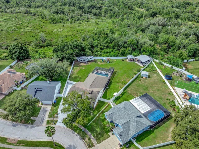 Aerial View of Pool Home, Fully Fenced, No Rear Neighbor, NO CDD.