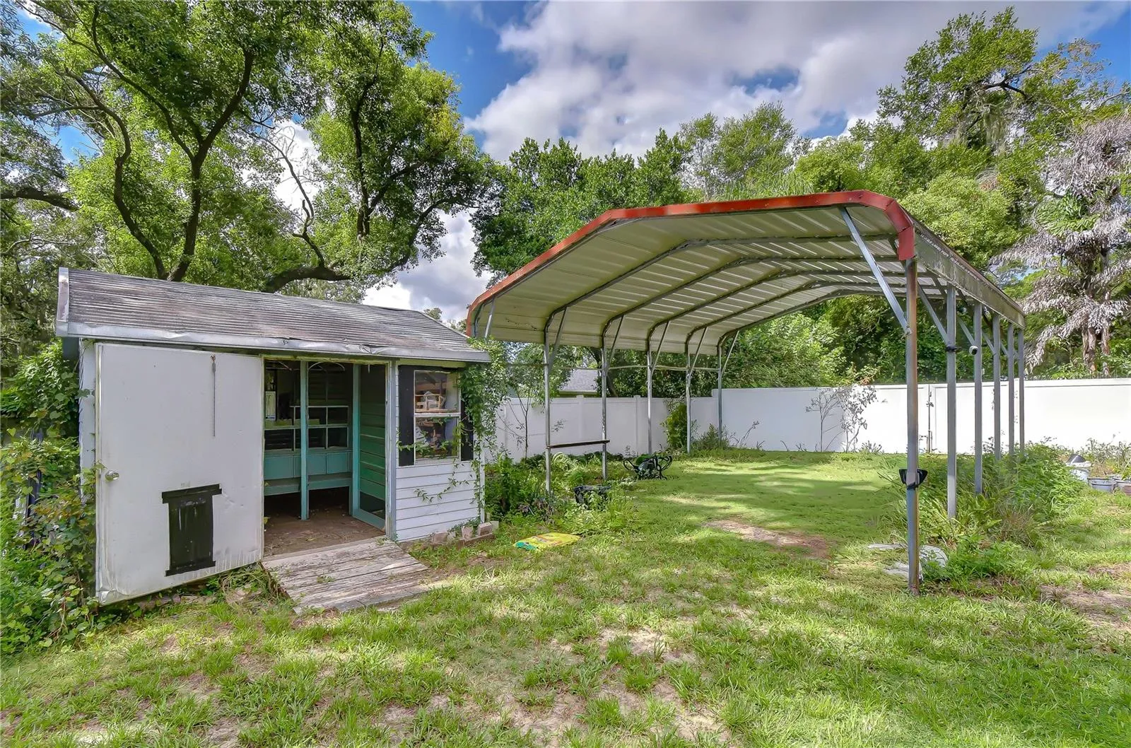 Convenient storage shed provides space for tools and outdoor equipment