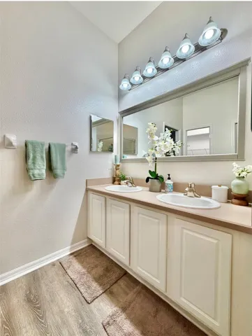 The Primary Ensuite is so luxurious and features a double sink, updated lighting and mirror, a very large linen closet, a walk-in shower, a private water closet, and a huge walk-in closet!!