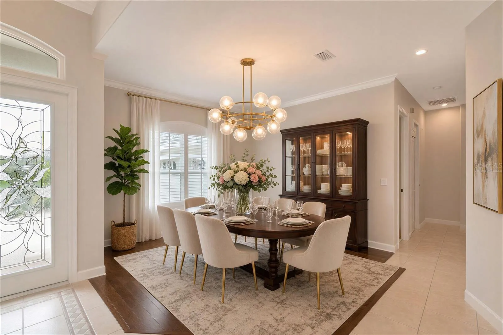Virtually staged dining room, double 8' tall leaded entry glass doors,