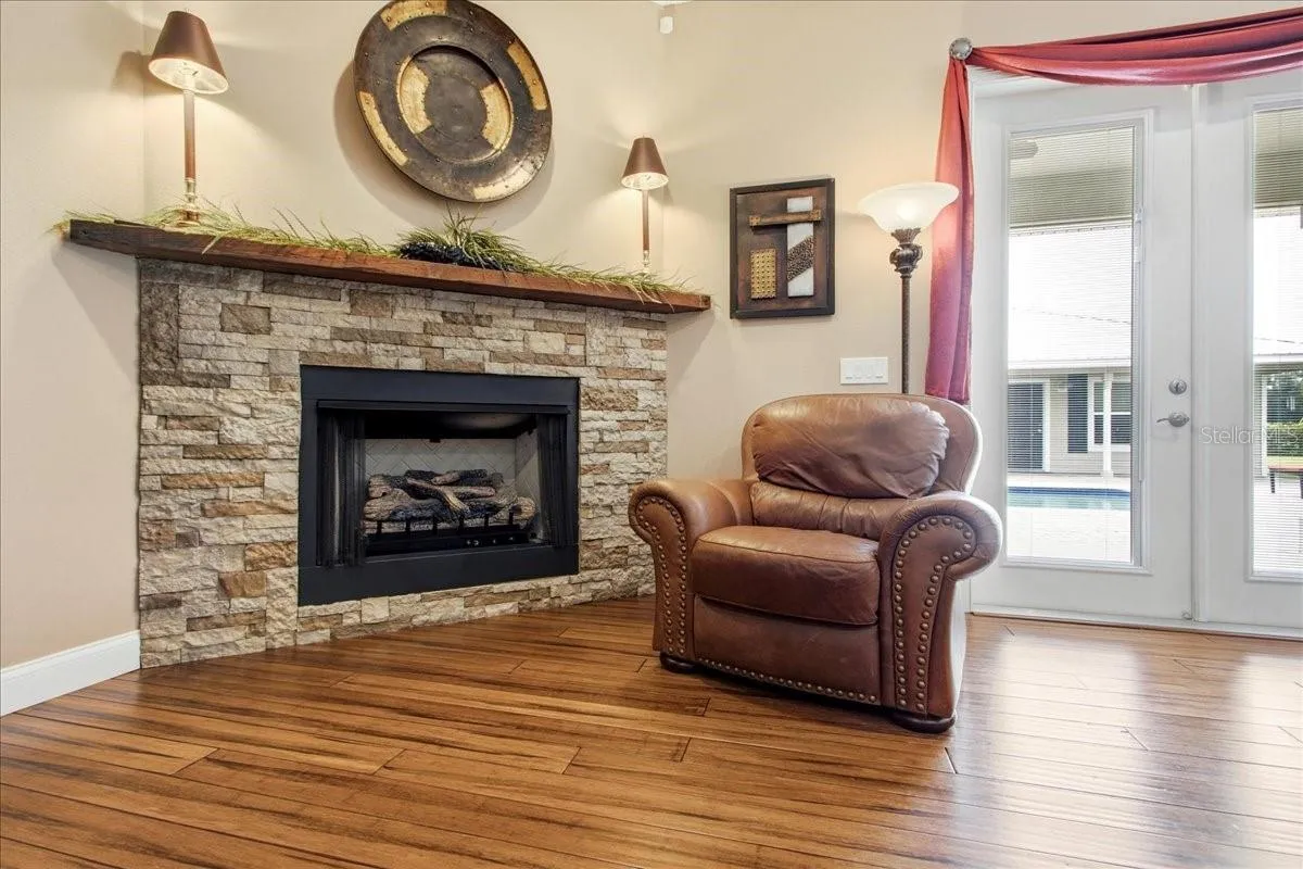 Stone  gas Fire Place with Solid Wood Mantel