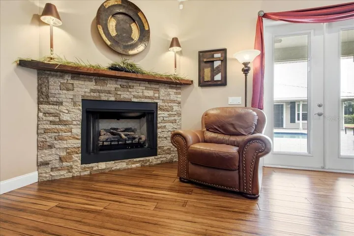 Stone  gas Fire Place with Solid Wood Mantel