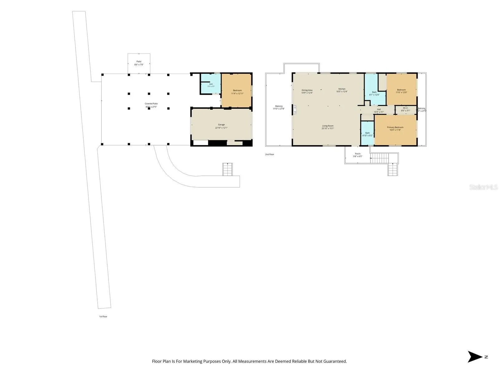 Combined Floor Plan – First & Second Levels, Covered Patio, Garage, Living Areas, Bedrooms & Balconies