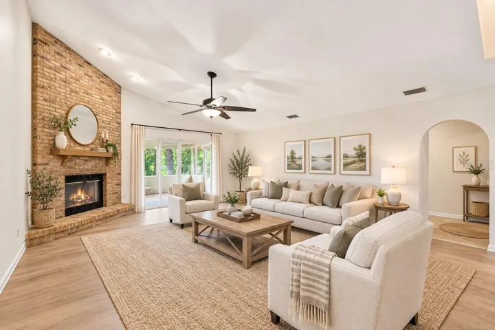 Virtually Staged Living Room with Woodburning Fireplace