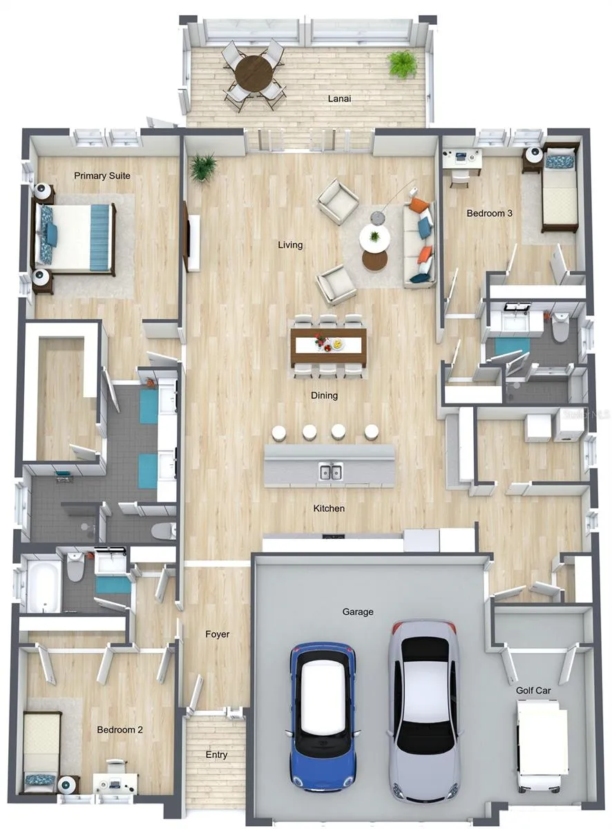 3D Floorplan.  504 Bedminster the garage is on the left.  This is a flipped drawing