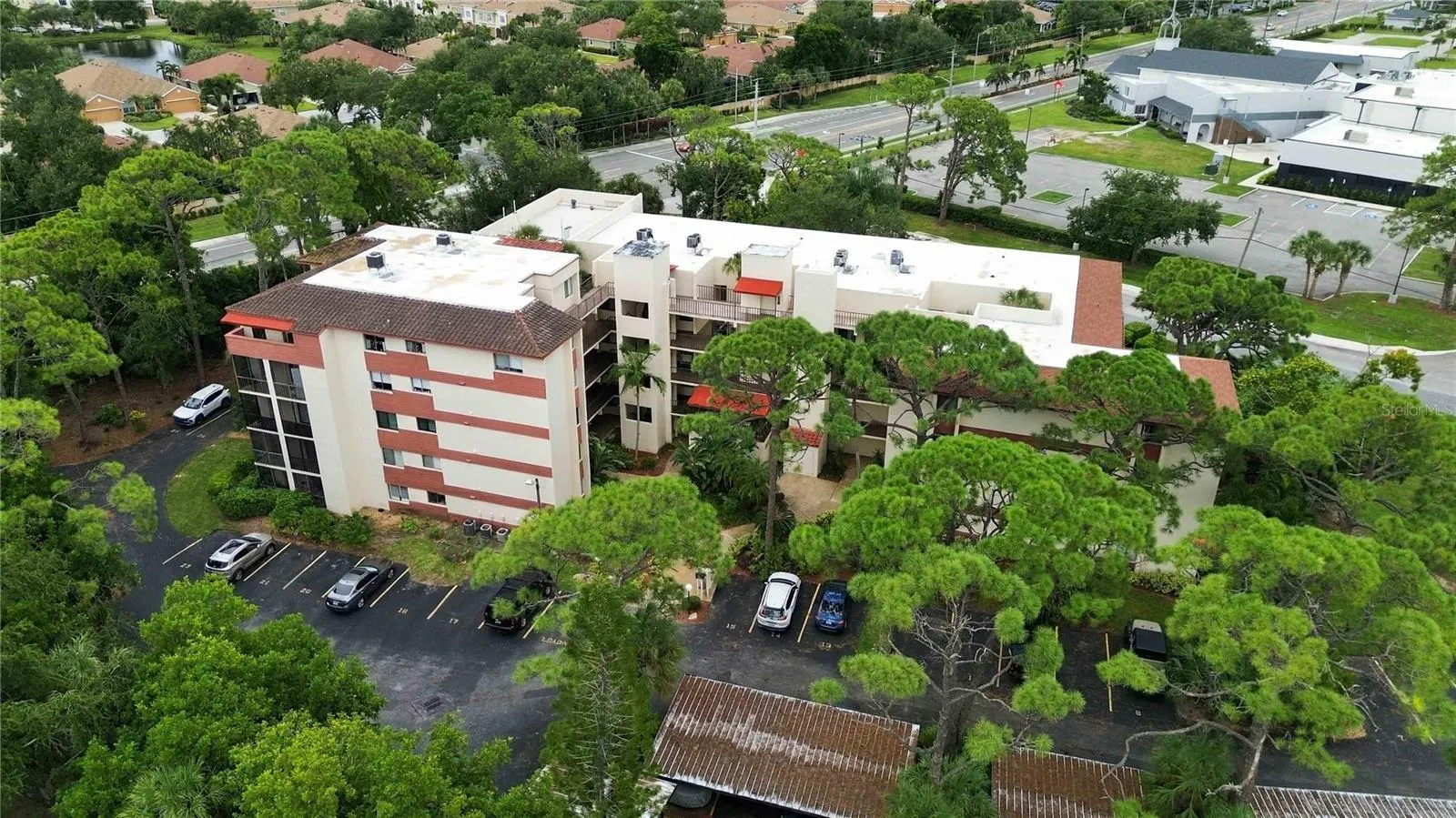 Exterior aerial view of the front of the building.