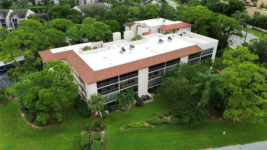 Exterior aerial view of the back of the building.