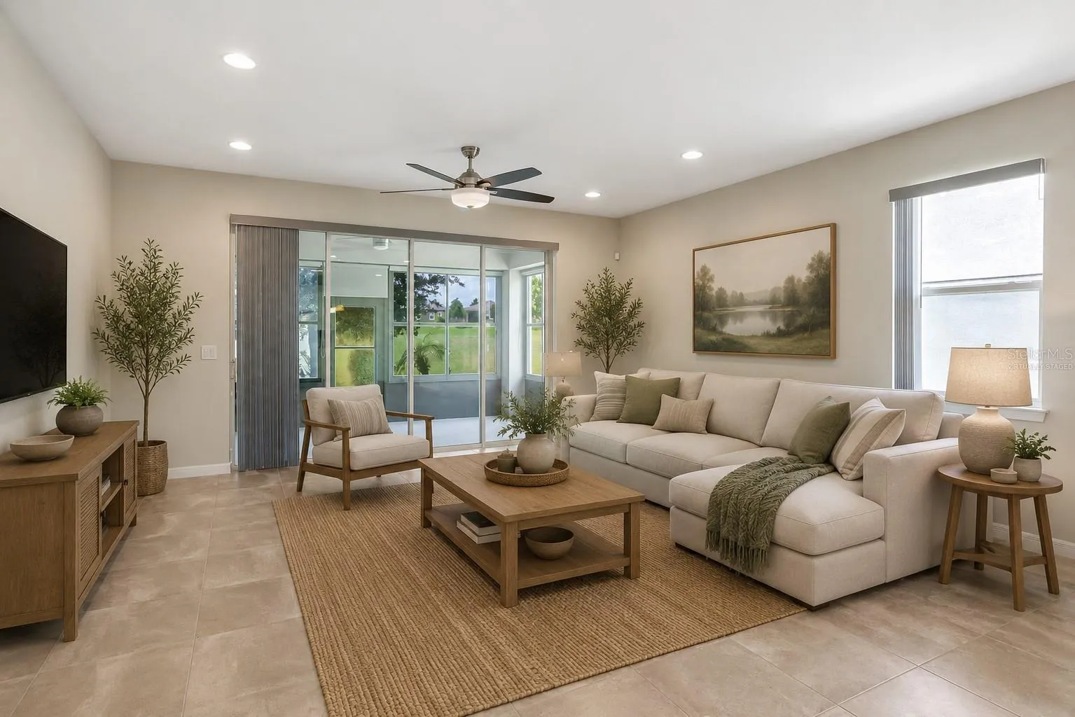 Virtually Staged living room with expansive stackable sliders adding to your living space.