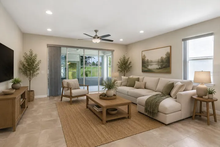 Virtually Staged living room with expansive stackable sliders adding to your living space.