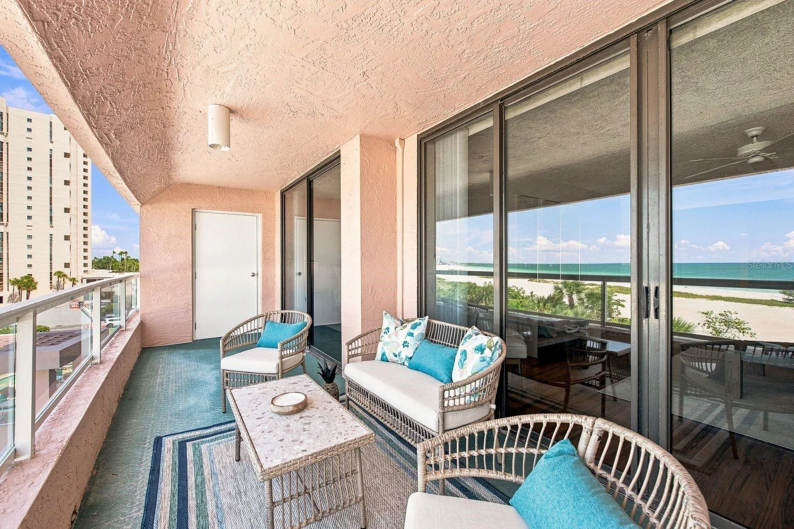 Large Balcony extends from living room to primary bedroom