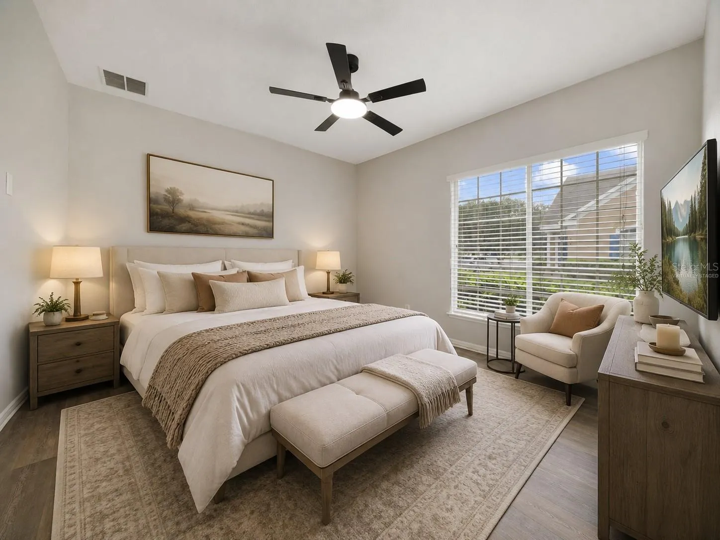 The desirable SPLIT BEDROOM FLOOR PLAN gives the PRIMARY SUITE its own private space at one end of the home. Virtually Staged