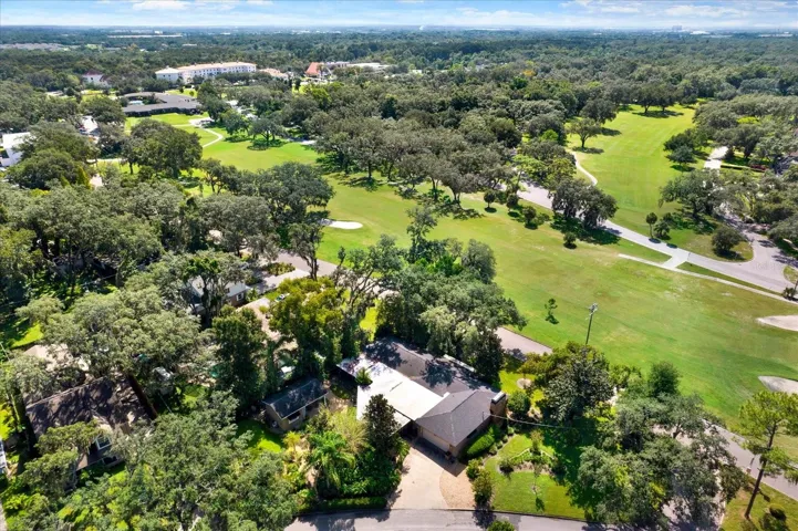 Aerial view showing 302 Belle Terre Ave, Temple Terrace frontage on the historic Temple Terrace Golf Course.