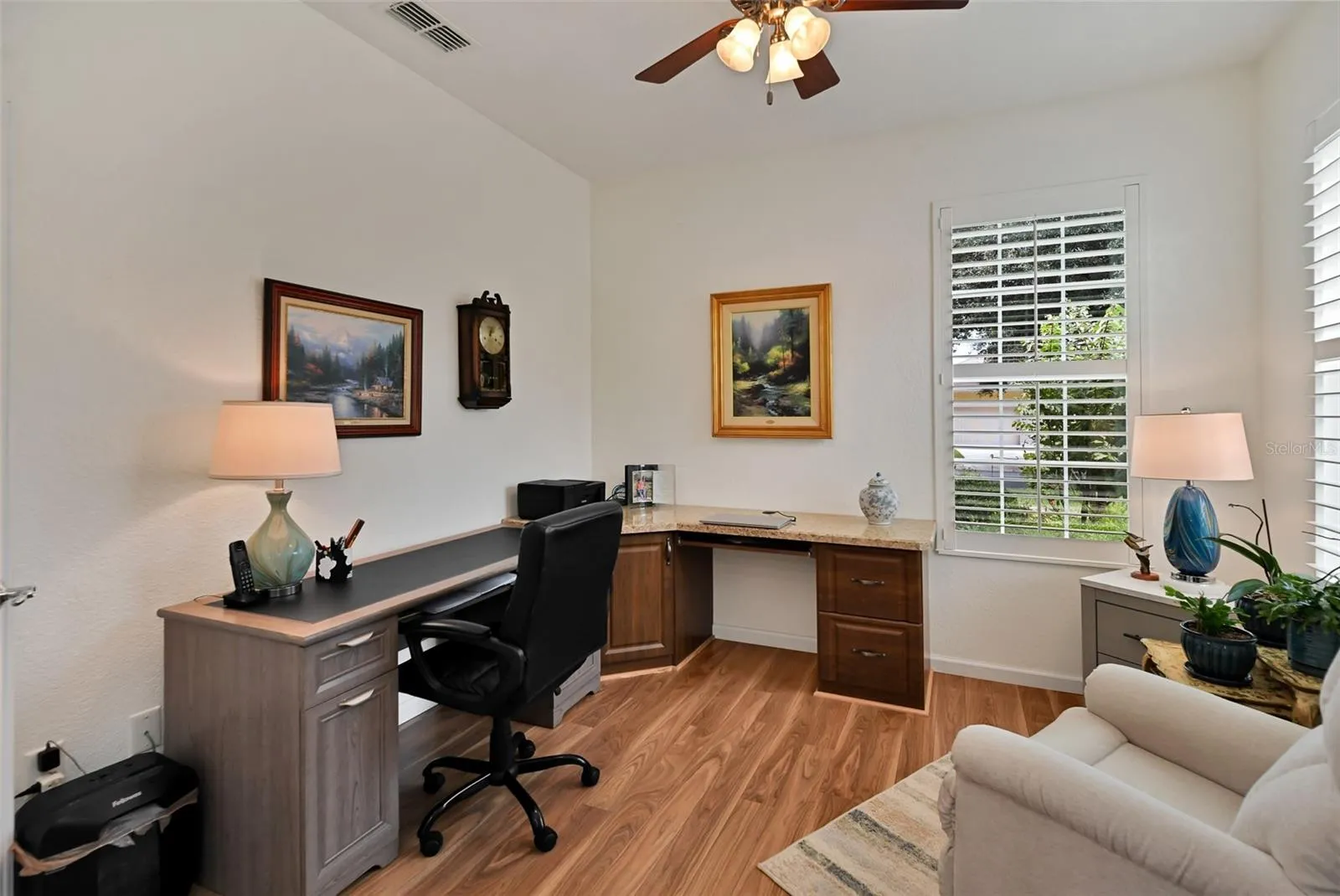 Flex Room off foyer with French doors, built-in desk and plantation shutters
