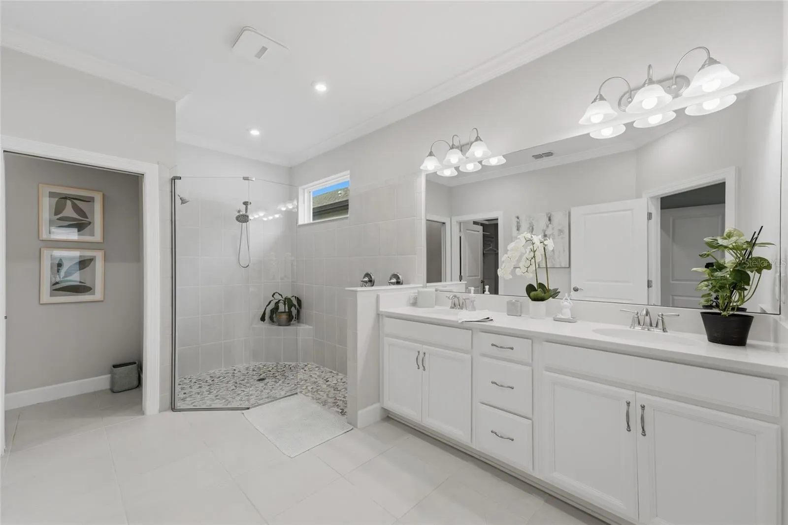 Master Bath, tall double vanities and walk-in shower