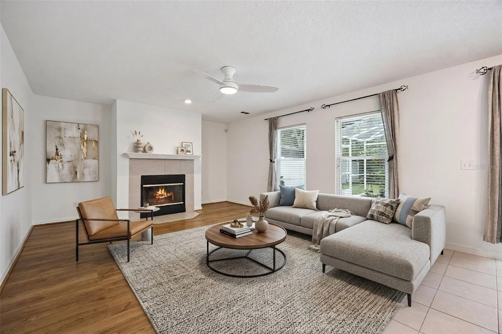 Family Room with woodburning fireplace