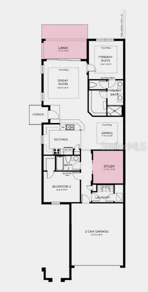 Floor Plan ~ Additional Highlights Include: tray ceiling pkg, double pocket doors at study, and single pocket door at bed 2 into bath