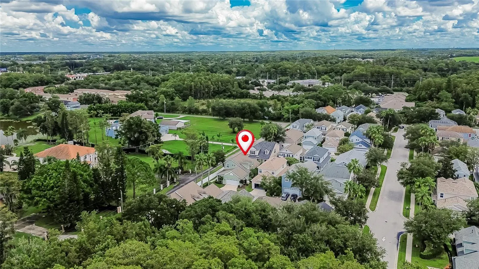 Aerial view highlighting the home’s location within The Vineyards at Westchase.