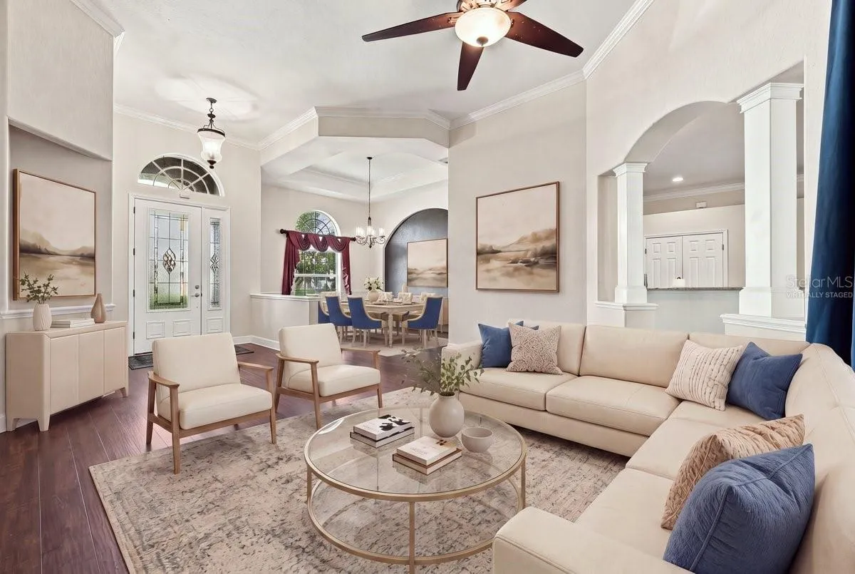 livingroom, dining room, virtually staged