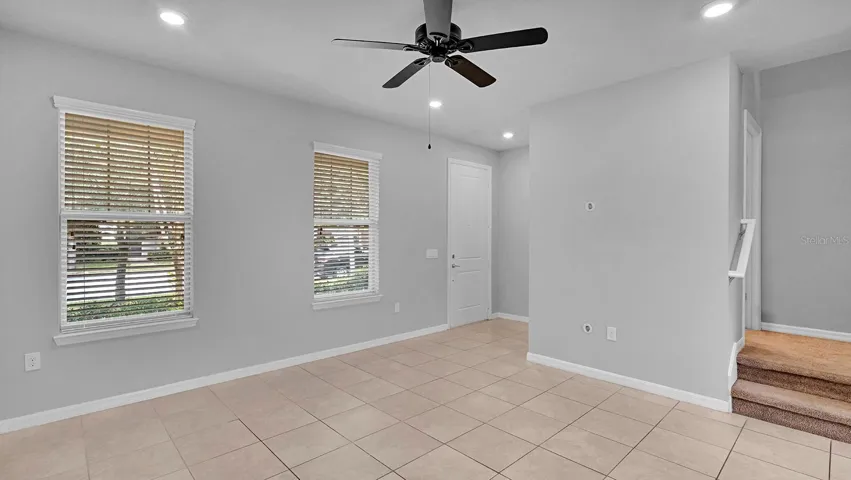 living room, front door, staircase