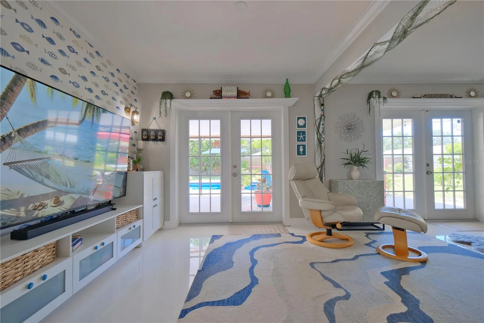 Living Room TV Wall and Patio French Doors