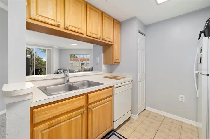 Kitchen with Living Room View.