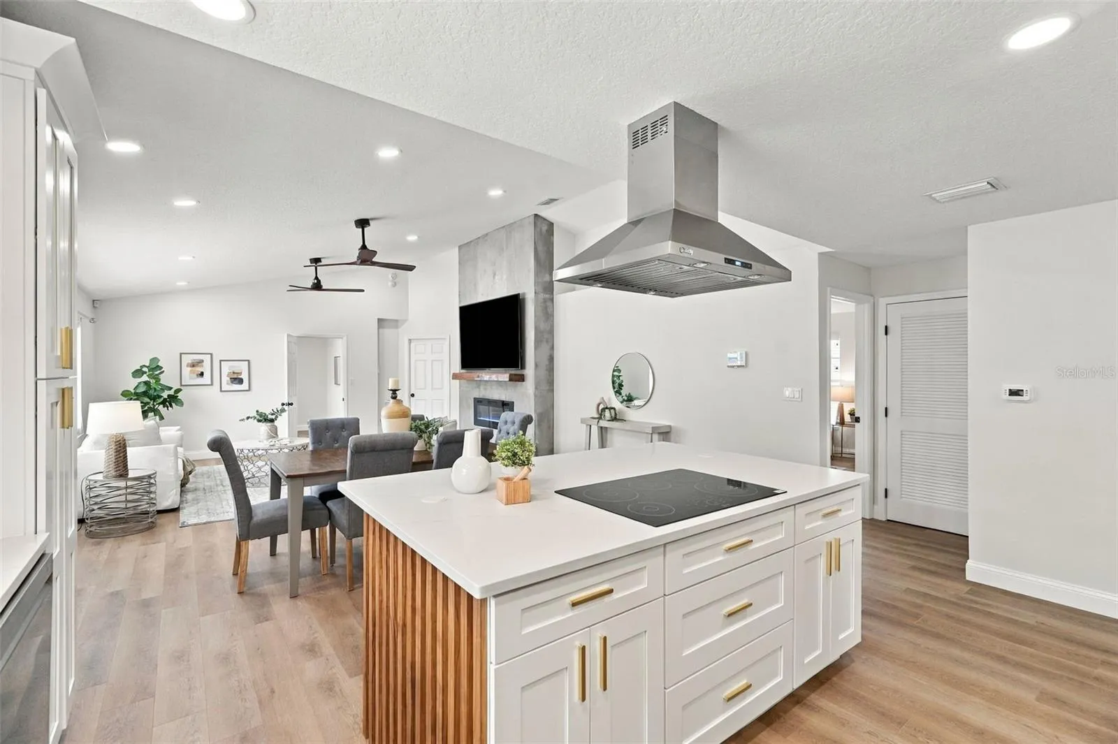 Vaulted ceilings and an open floor plan create an impressive sense of space.