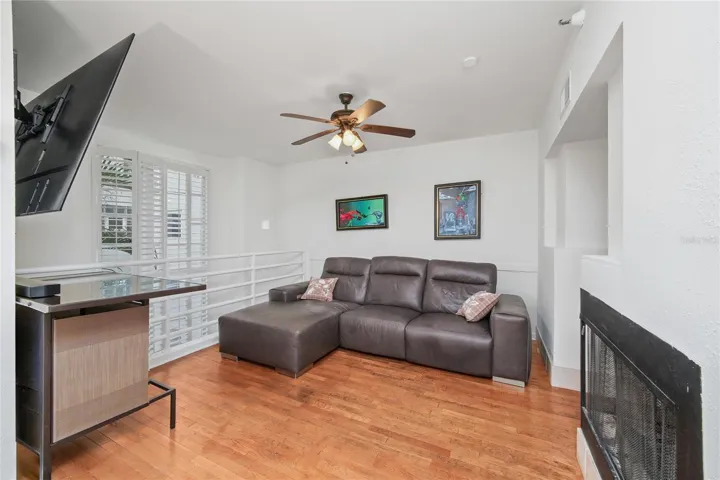 Second floor living room with fireplace