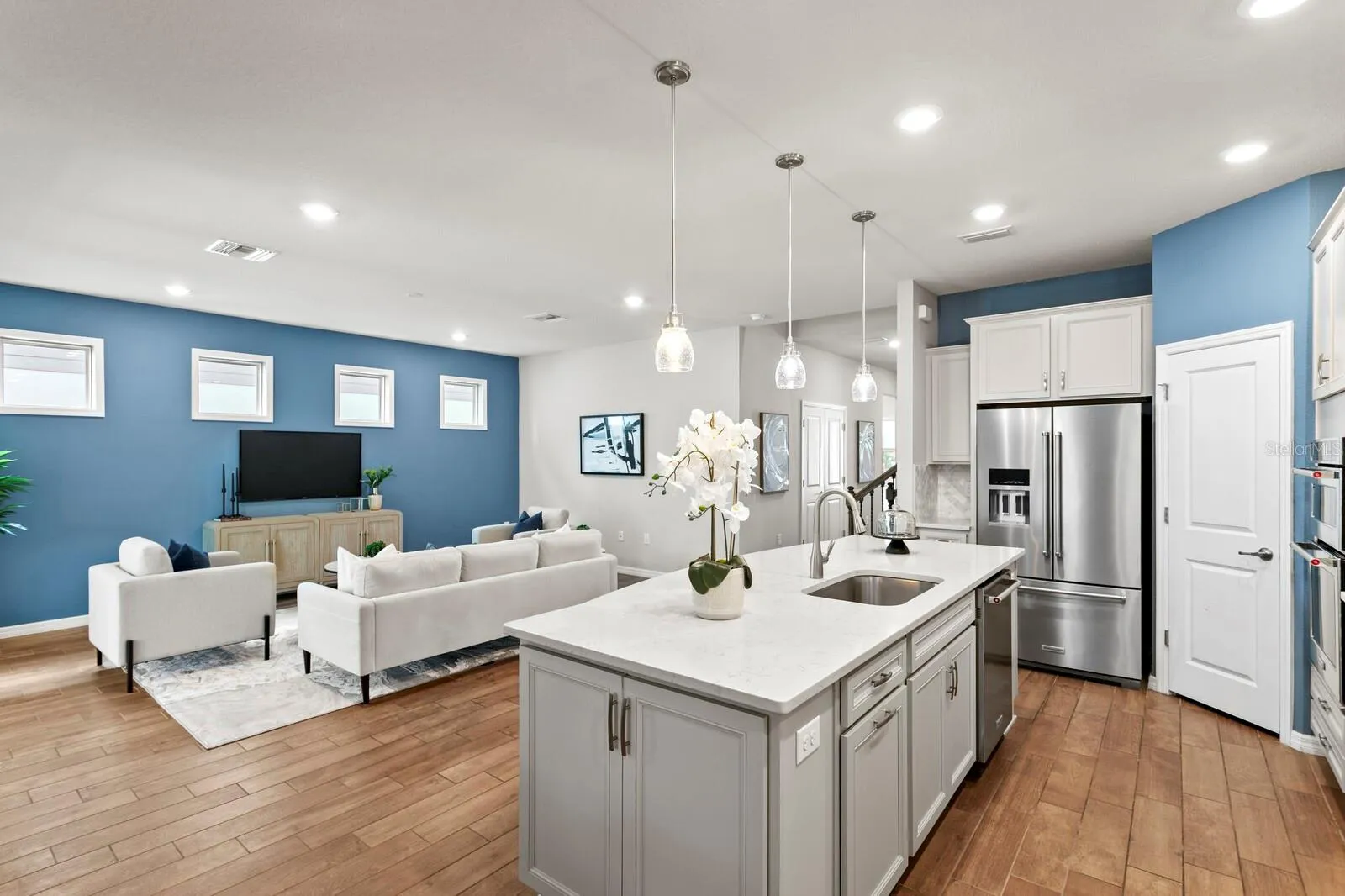 Views from kitchen into family room