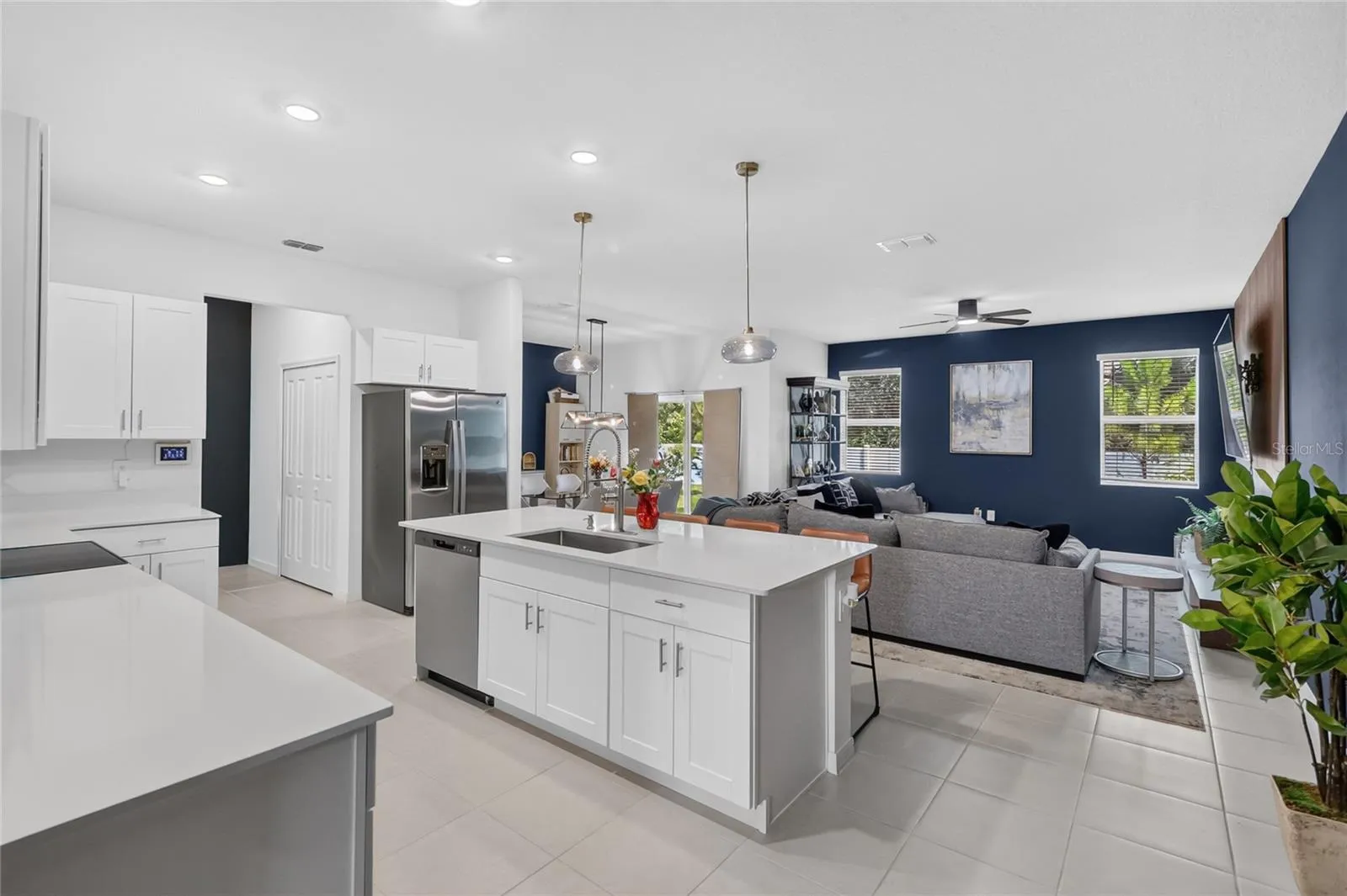 Kitchen, living room and dining room.