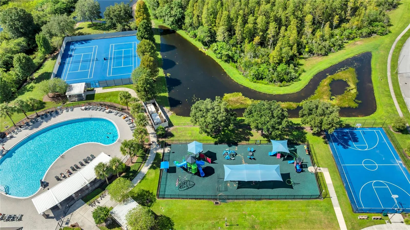 Community pool, tennis, playground, and basketball