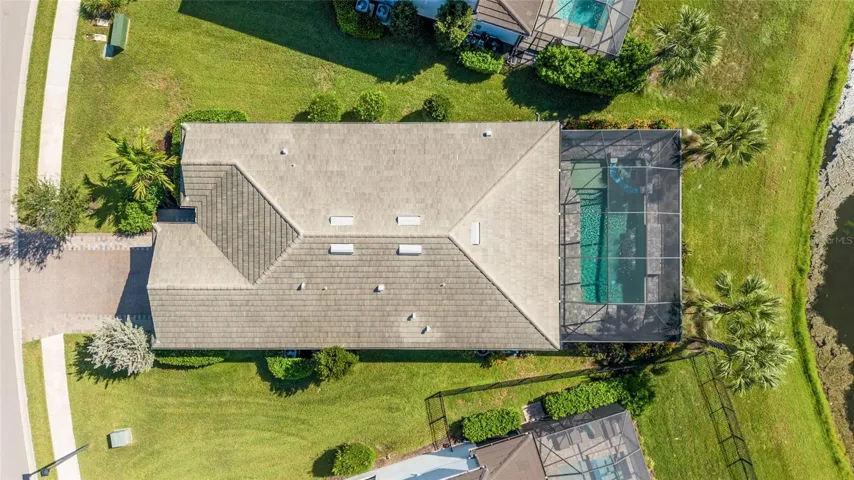 Aerial shot of the home and pool