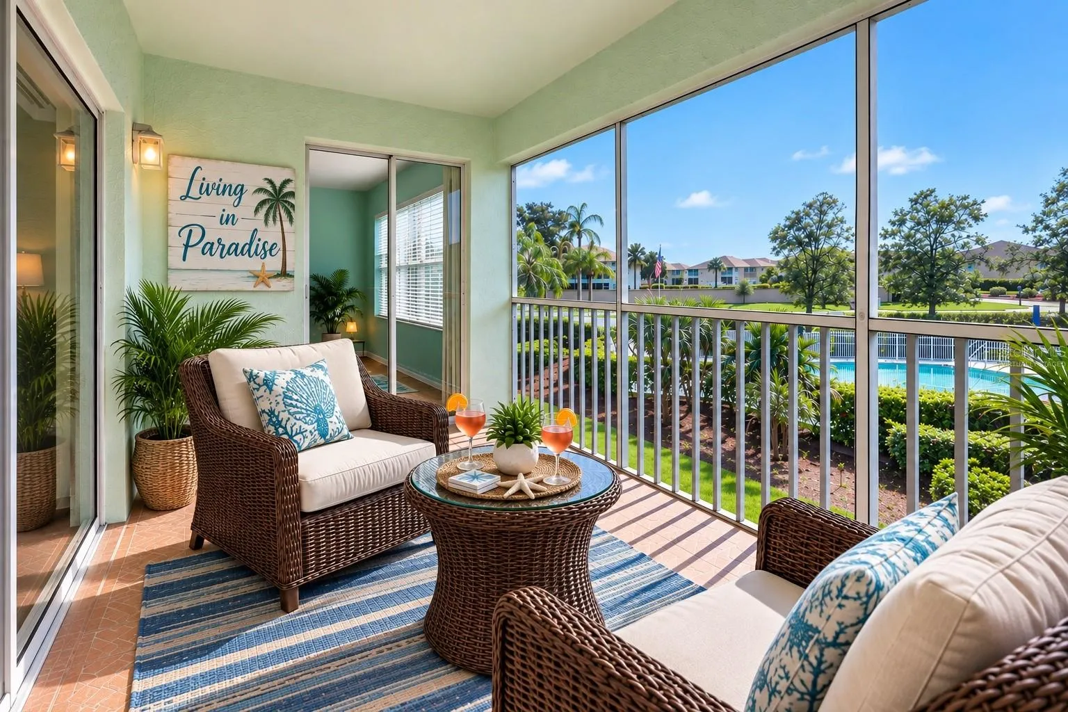 Lanai virtually staged as Happy Hour in Paradise