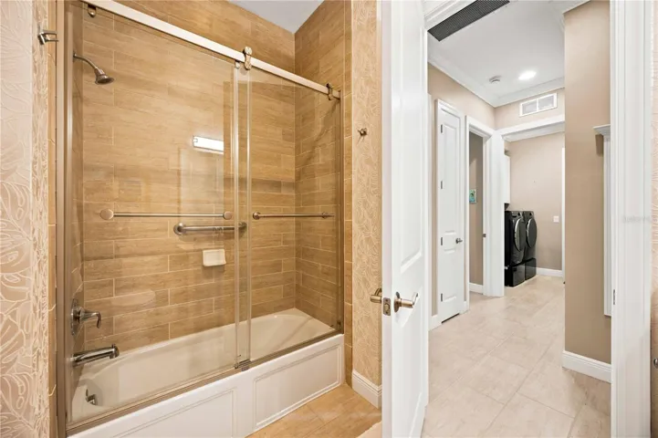 This bath has a tub/shower combination