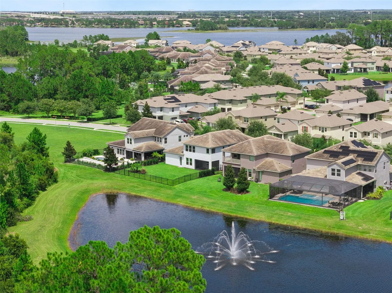 Aerial of the community pond with fountain