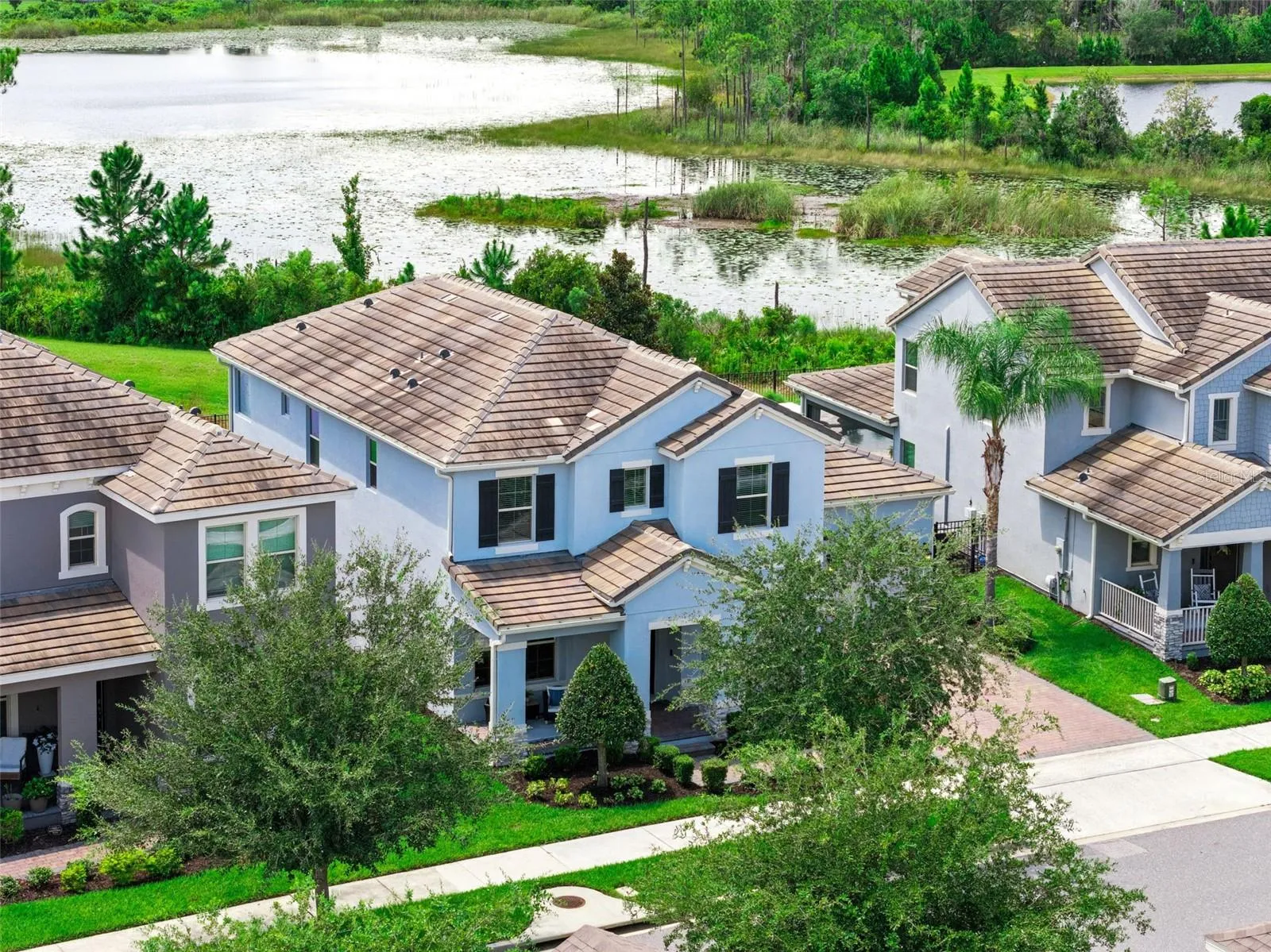 Aerial view of the home backing to the pond and wetlands