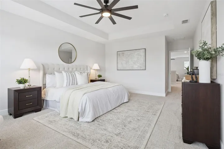 Primary bedroom with tray ceiling and en suite bath