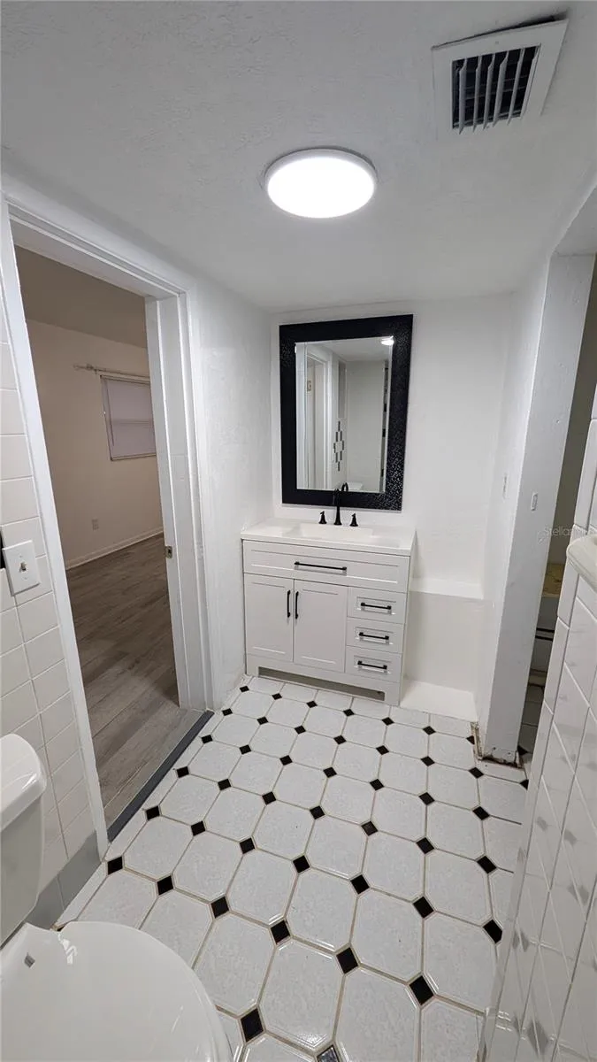 Master Bathroom Vanity and door to bedroom on left, walk in closet on right