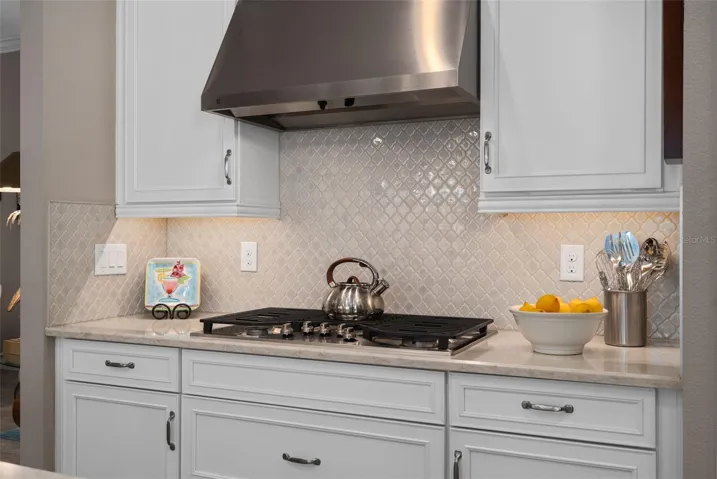 Built-in 5 burner cooktop with an outside vented hood fan.