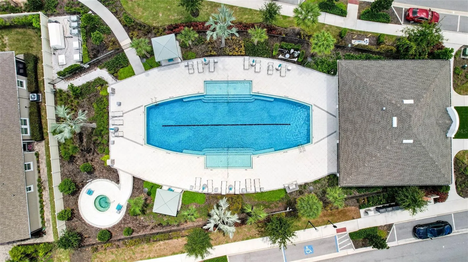 Community Pool surrounded by lush landscaping