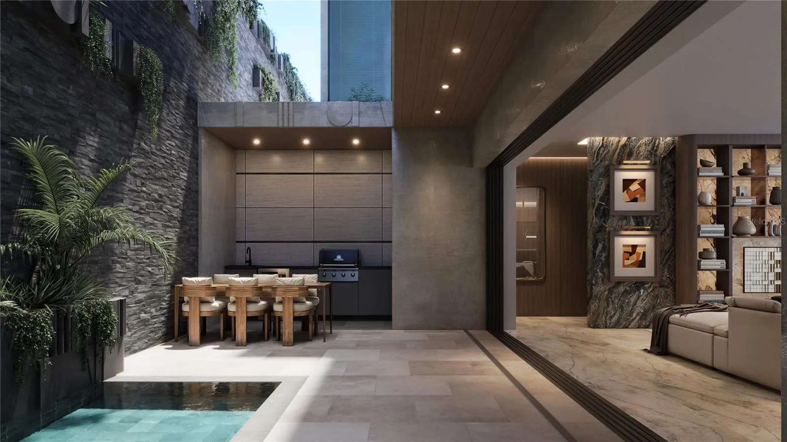 Pool, outdoor kitchen and living room